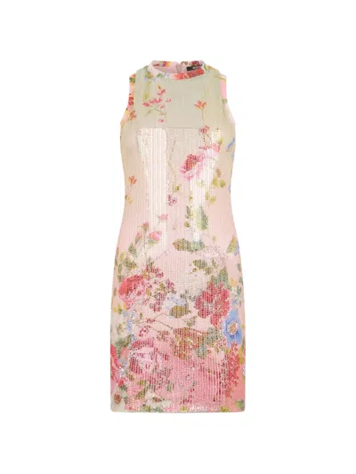 Roberto Cavalli Miami Flowers Print Sequined Mini Dress In Neutral