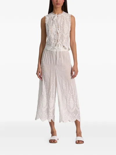 Alice And Olivia Elba Embroidered Pull-on Trousers In White