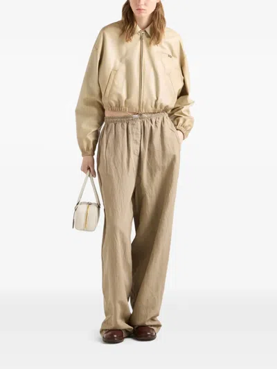Prada Drawstring Cotton-linen Pants In Nude