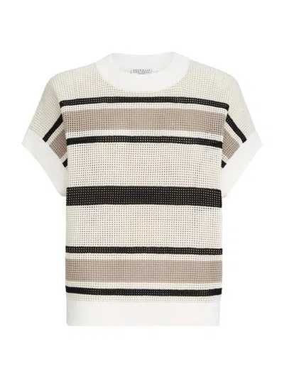 Brunello Cucinelli Striped Cotton Net Knit T-shirt In Multi