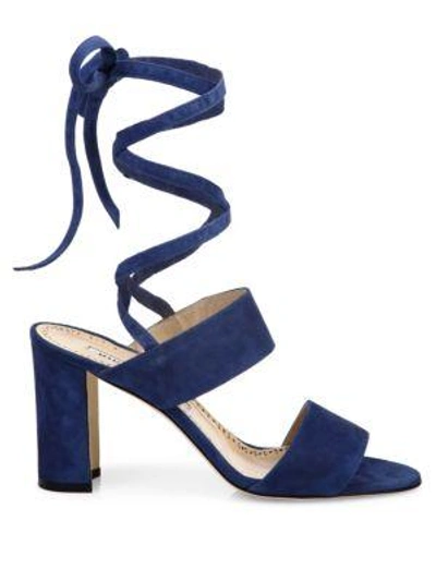 Shop Manolo Blahnik Khandala Suede Ankle-wrap Block Heel Sandals In Denim Blue