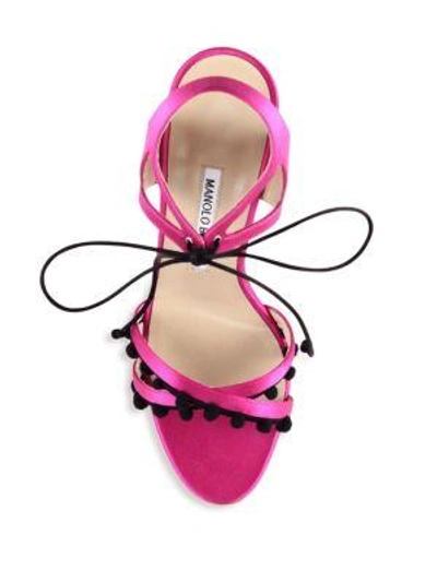 Shop Manolo Blahnik Esparra Pom-pom Front-tie Sandals In Fuxia