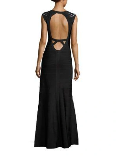 Shop Herve Leger Bettina Embellished Open-back Gown In Black Combo
