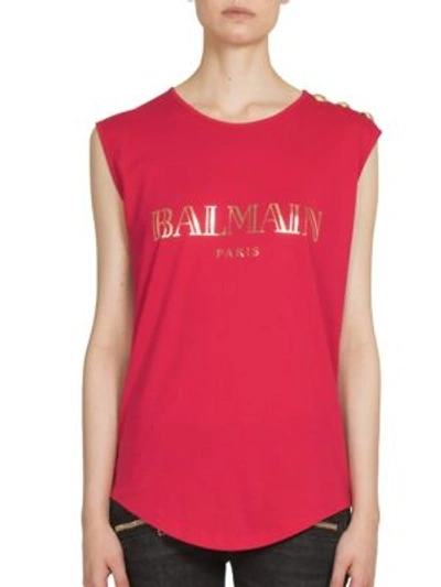 Balmain Logo Print And Buttons Red T-shirt In Fuschia