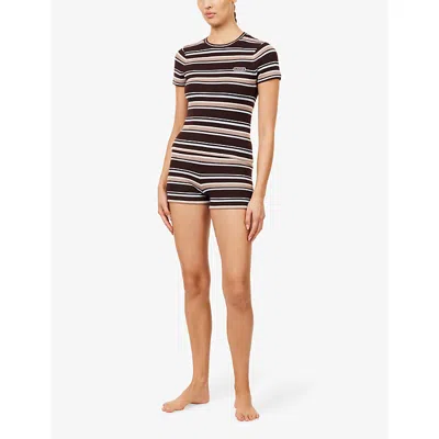Lounge Womens Brown Stripe Striped Ribbed Stretch-knit T-shirt Xs In Multi