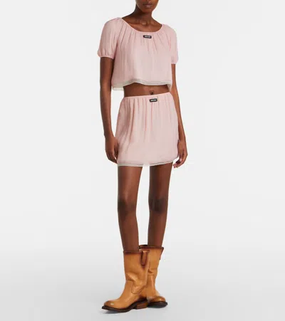 Miu Miu Layered Crinkle Silk Crop Top In Pink