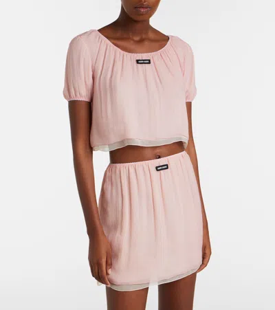 Miu Miu Layered Crinkle Silk Crop Top In Pink