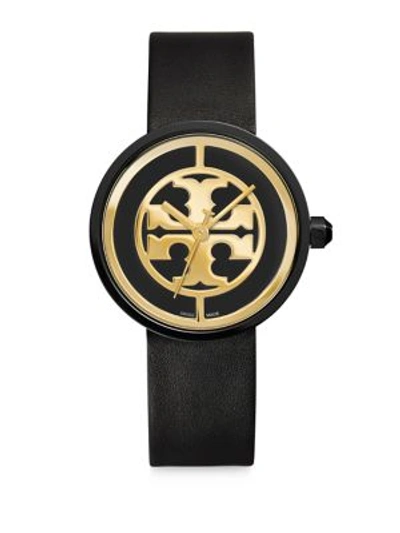 Shop Tory Burch Reva Goldtone Stainless Steel & Leather Strap Watch/black In Na