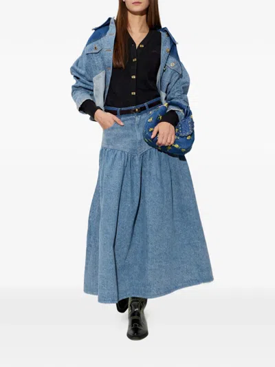 Ganni Patchwork Denim Short Jacket Mid Blue Vintage In Blue