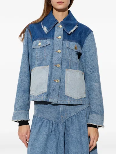 Ganni Patchwork Denim Short Jacket Mid Blue Vintage In Blue
