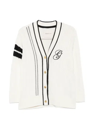 Gant Cable-knit Embroidered Cardigan In White