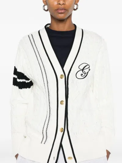 Gant Cable-knit Embroidered Cardigan In White