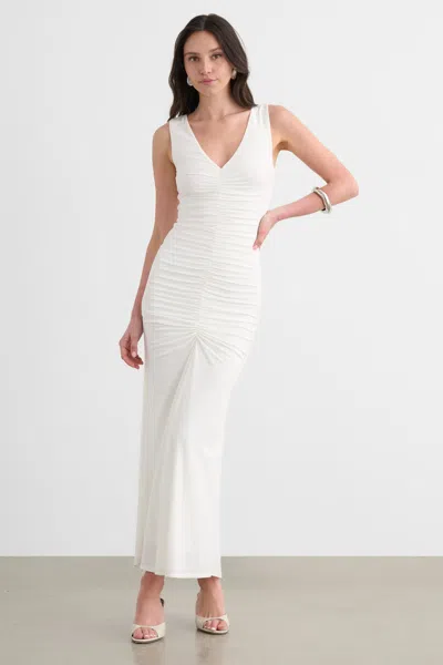 Toccin Inez Sleeveless V-neck Ruched Midi Dress In White