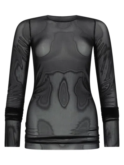 Rick Owens Long Sleeve Stretch Sheer Round Neck Top In Black