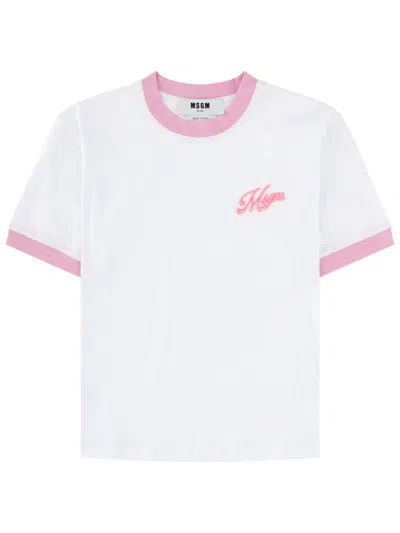 Msgm White Logo Crew Neck T-shirt In White