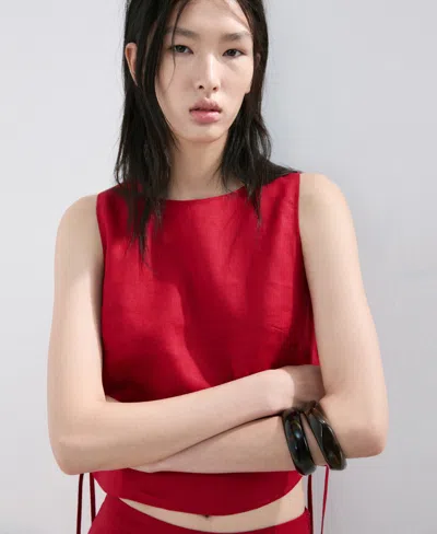 Mango Linen Top With Bows In Red