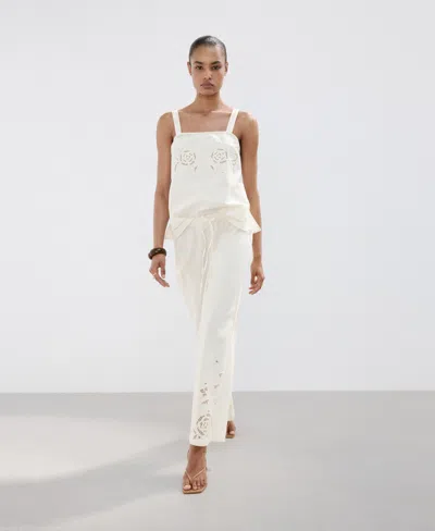 Mango Wide Leg Openwork Embroidered Pants In White
