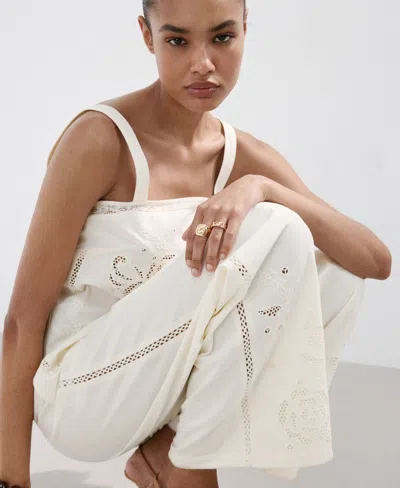 Mango Wide Leg Openwork Embroidered Pants In White