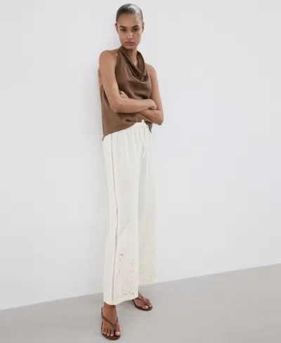 Mango Wide Leg Openwork Embroidered Pants In White
