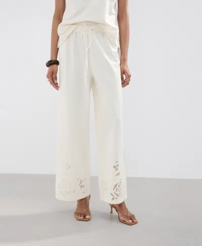 Mango Wide Leg Openwork Embroidered Pants In White