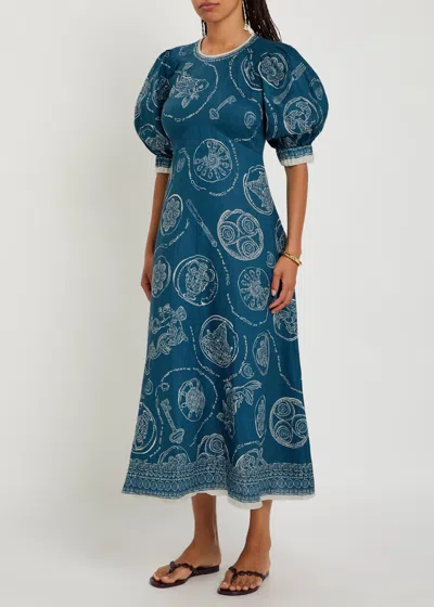 Alemais Lucky Graphic-print Puff-sleeve Midi Dress In Multi