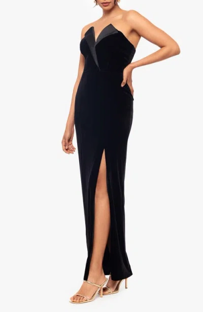 Betsy & Adam Velvet Strapless Tuxedo Gown In Black