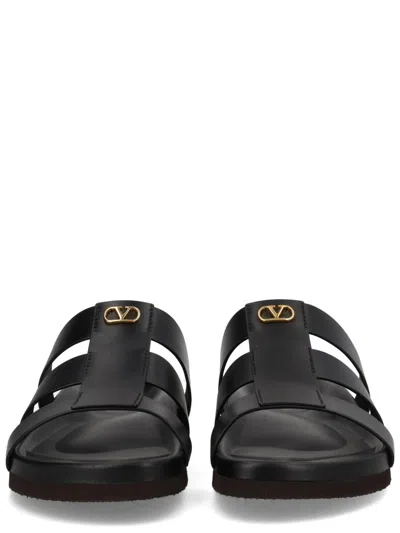 Valentino Studshield Calfskin Slides In Black