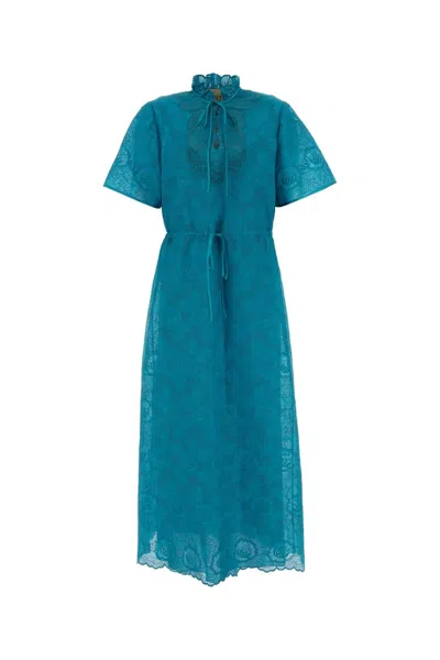 Valentino Eyelet Embroidered Cotton Drawstring Midi Dress In Blue