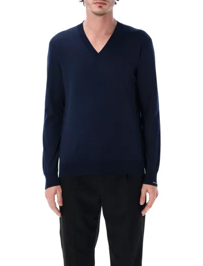 Prada Blue V Neck Sweaters In Blue