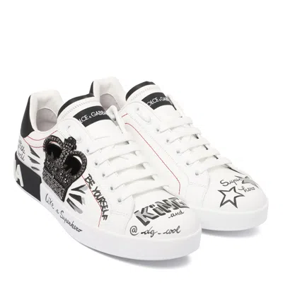 Dolce & Gabbana White Low Top Sneakers With Logo Patch On The Tongue And All-over Print In Leather Man In White