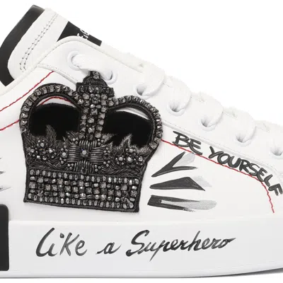 Dolce & Gabbana White Low Top Sneakers With Logo Patch On The Tongue And All-over Print In Leather Man In White