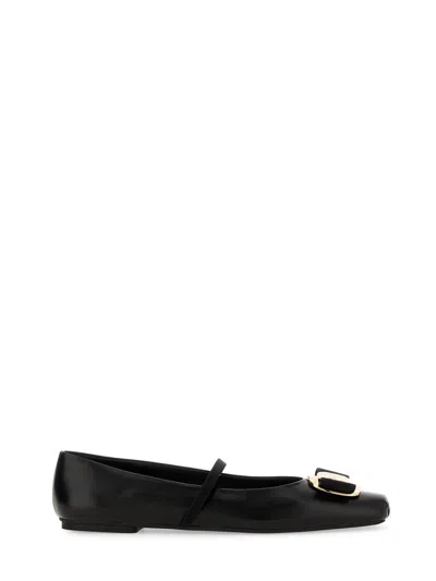 Ferragamo Lambskin Flats With Gold-tone Buckle Detail In White