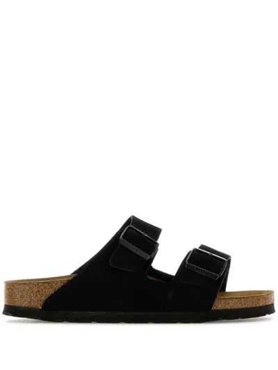 Birkenstock Arizona Wide Black Birko-flor Two Bar Mules In Black