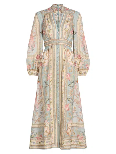 Zimmermann Womens Blue Tapestry Floral Roselight Plunge Linen Midi Dress Xs In Multi