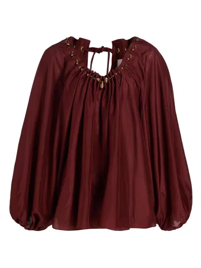 Zimmermann Blouse Aster With Ruffles And Beads In Burgundy