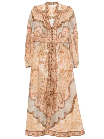 Zimmermann Plunge Linen Midi Dress In Brown
