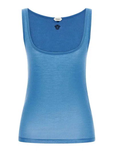 Versace Ribbed Silk-nylon Sleeveless Top With Subtle Logo In Blue