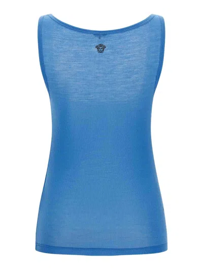 Versace Ribbed Silk-nylon Sleeveless Top With Subtle Logo In Blue