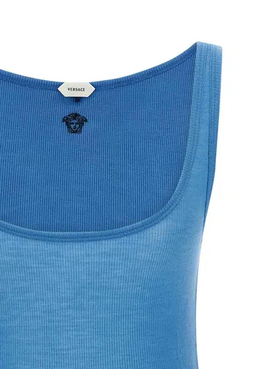 Versace Ribbed Silk-nylon Sleeveless Top With Subtle Logo In Blue