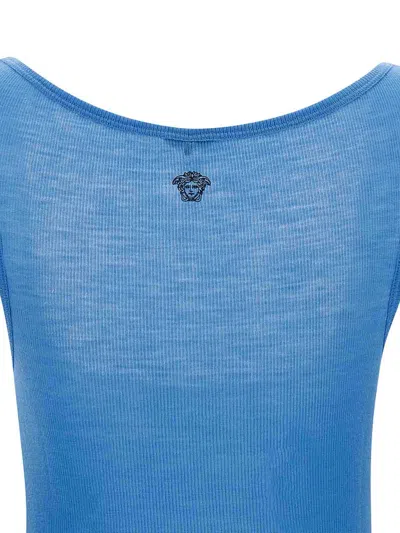 Versace Ribbed Silk-nylon Sleeveless Top With Subtle Logo In Blue