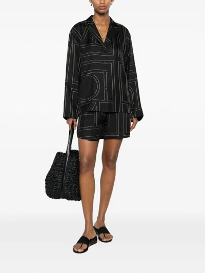 Totême Black Monogram Silk Pj Shorts In Black