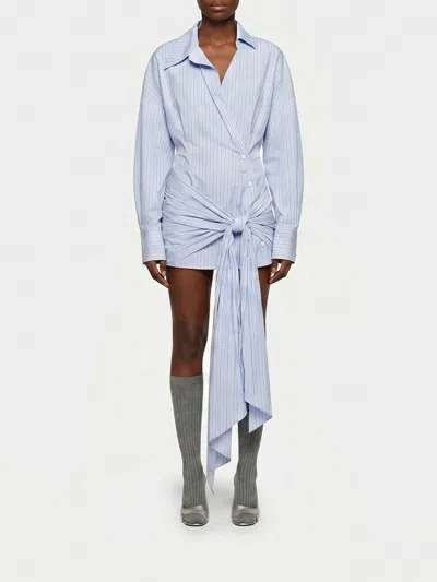 Attico Knotted Striped Cotton-poplin Mini Dress In Blue