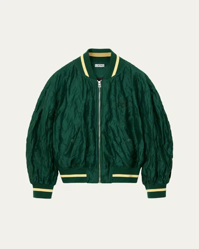 Loewe Womens Dark Green Crinkled-texture Striped-trim Woven Bomber Jacket