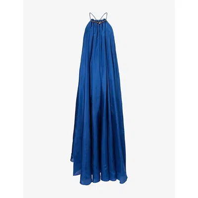 Zimmermann Womens Dark Cobalt Aster Gathered-bead Silk Maxi Dress Xl In Blue
