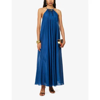 Zimmermann Womens Dark Cobalt Aster Gathered-bead Silk Maxi Dress Xl In Blue