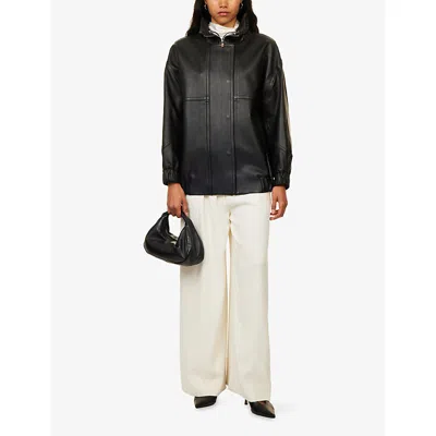 Theory Womens Black Funnel-neck Collared Leather Bomber Jacket In Black