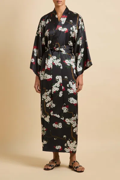 Olivia Von Halle Queenie Belted Floral-printed Silk-satin Robe In Black