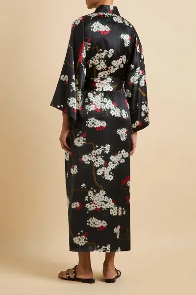 Olivia Von Halle Queenie Belted Floral-printed Silk-satin Robe In Black