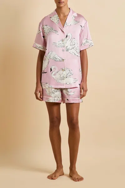 Olivia Von Halle Ingo Selene Pink Swan Pyjamas In Silk Satin