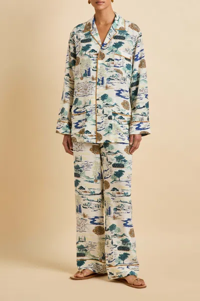 Olivia Von Halle Yves Cadaqués Cream Landscape Pyjamas In Silk Crêpe De Chine In White